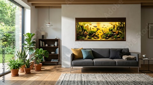 Ruang Tamu Modern dengan Akuarium Hias di Dinding, Sofa Beratap Bantal dan Tanaman Hias di Dekorasi Rumah Minimalis