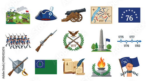 Collection of illustrations depicting various symbols and scenes from the American Revolutionary War, including soldiers, weaponry, flags, and historical documents.