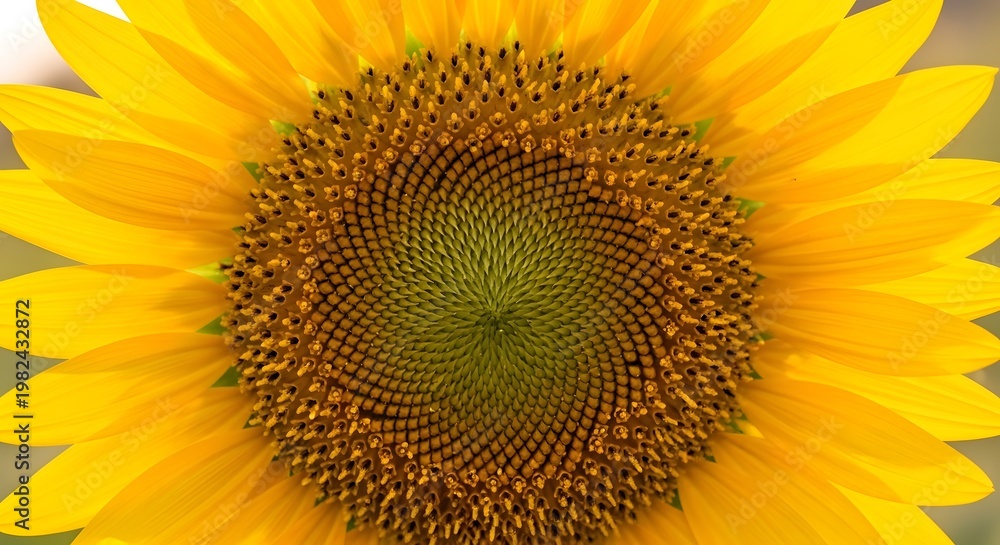 Obraz premium Close-up of a vibrant sunflowers intricate seed pattern and bright yellow petals.
