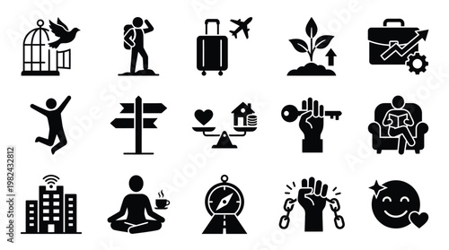 Collection of icons representing freedom, travel, growth, success, happiness, direction, home, achievement, relaxation, and well-being.
