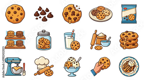 A delightful collection of various chocolate chip cookie illustrations, showcasing different forms and preparations, including baking ingredients and serving suggestions.
