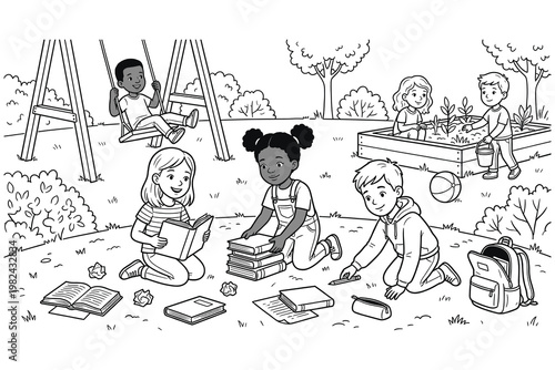 Children engaging in outdoor learning and play activities, gardening and reading.