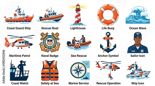 Collection of maritime and rescue-related icons, including ships, boats, aircraft, lighthouses, life buoys, waves, personnel, and safety equipment.