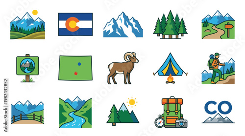 Collection of Colorado-themed icons representing outdoor activities, landmarks, and nature.