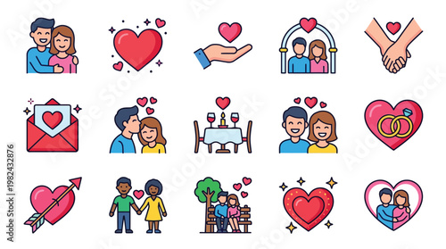 Collection of colorful flat icons representing love, romance, and relationships, including couples, hearts, and romantic gestures.