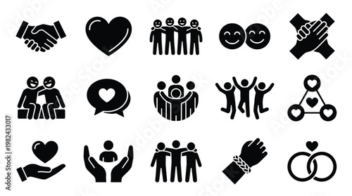 Collection of black and white icons representing friendship, love, support, and community relationships.