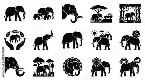 Collection of black silhouette icons depicting elephants in various scenarios, including family groups, conservation, and wildlife observation.