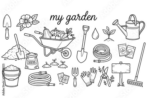 Cute garden doodle elements for planting and growing fresh organic vegetables and flowers.
