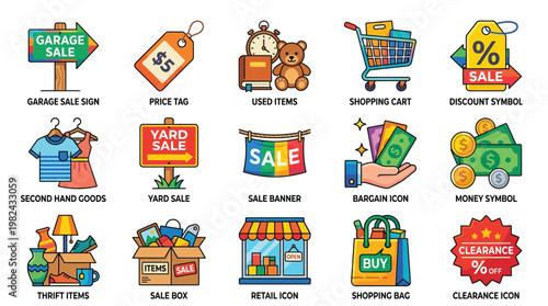 Collection of colorful flat icons representing various aspects of shopping, sales, and second-hand goods, including garage sales, thrift items, and retail.