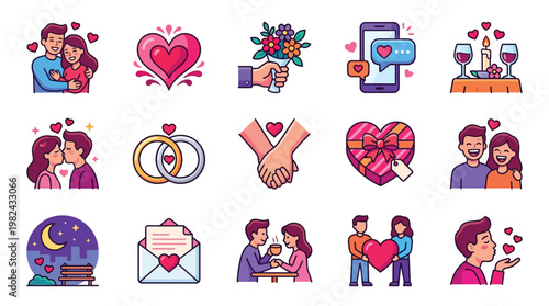 A collection of charming illustrations depicting various romantic moments and symbols associated with love and relationships.