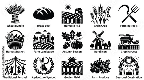 Collection of black and white icons representing various aspects of agriculture, harvest, and rural life, including crops, tools, and celebrations.