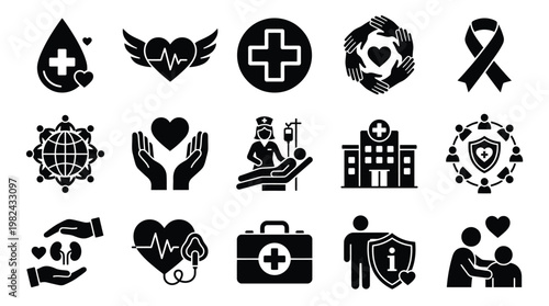 Collection of medical and healthcare-related icons, including symbols for donation, heart health, first aid, and patient care.