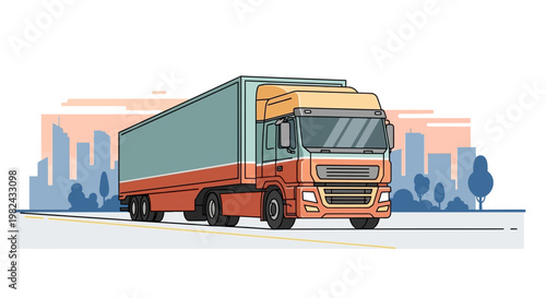 Flat Illustration of a Semi-Truck Driving on a City Road at Sunset for Logistics and Freight Transport Concepts