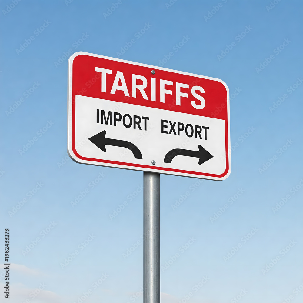 custom made wallpaper toronto digitalRed and white sign displaying tariffs, import (curved left arrow), and export (curved right arrow) against a clear blue sky. Generative AI.