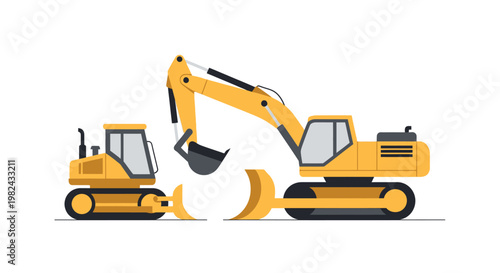 Yellow Heavy Construction Machinery Vector Illustration: Excavator and Bulldozer Flat Design Isolated on White Background