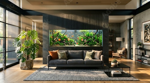 Sofa Modern di Ruang Tamu dengan Akuarium Besar Menampilkan Ikan Berwarna-warni dan Dekorasi Alam