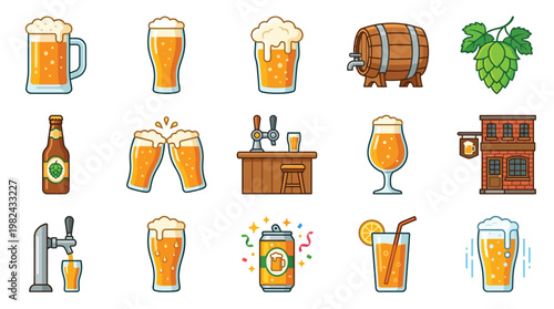 A collection of pixel art icons representing various aspects of beer and brewing, including glasses, bottles, barrels, hops, and a pub.