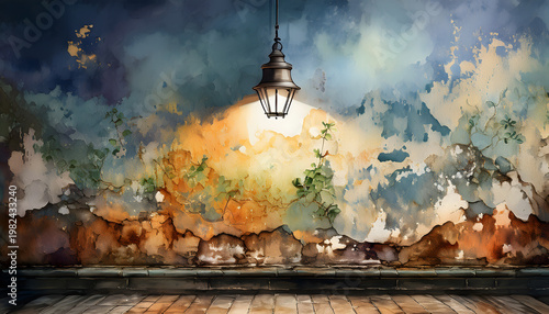 A single bulb hangs, casting warm light on a peeling, textured wall above a rustic wooden floor, creating an atmospheric, vintage scene. Generative AI.