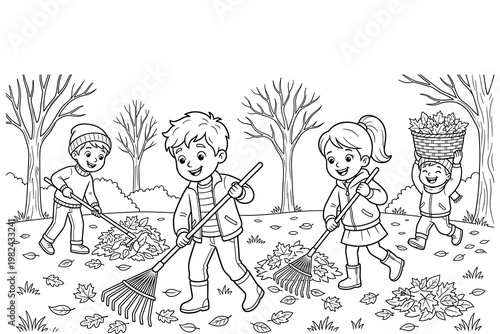 Happy children raking autumn leaves in park coloring book illustration for kids activity.
