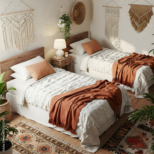 Cozy twin bedroom with bohemian decor, featuring macrame wall hangings, warm tones, and patterned rugs. Generative AI.