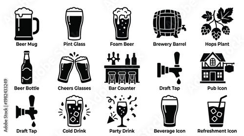 A collection of black and white icons representing various aspects of beer and beverages, including drinks, bar elements, and brewery equipment.