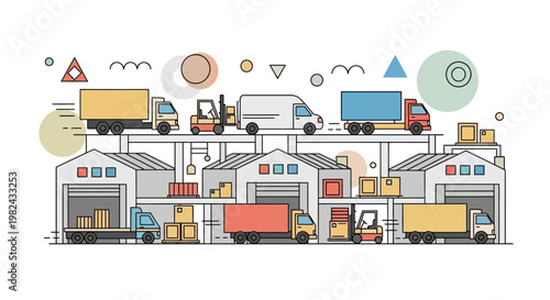 Logistics and Supply Chain Management Illustration with Warehouse, Trucks, and Forklifts in Flat Line Art Style