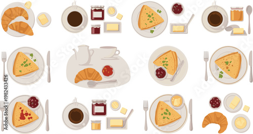 Seamless Breakfast Food Pattern with Croissants Pancakes Eggs Coffee and Pastries on Table Top View Background for Menu Design and Kitchen Decor
