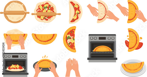 Step-by-Step Calzone Preparation and Baking Guide Vector Illustration Set Featuring Dough Rolling, Stuffing, Folding, and Oven Cooking Process