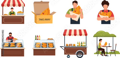 Street Food Vendor Illustration Set with Market Stalls Food Cart Cooking Seller Characters and Outdoor Cafe Scene for Urban Food Business Design