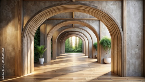 Serene Architectural Passageway with Wooden Arches, Natural Light, and Lush Greenery