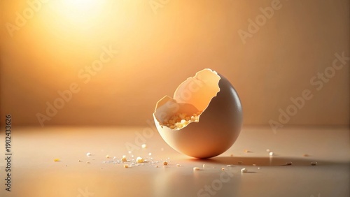 A broken eggshell rests on a surface, illuminated by a warm light, its interior revealing remnants of its contents, scattered pieces nearby, suggesting a recent hatching or breakage.
