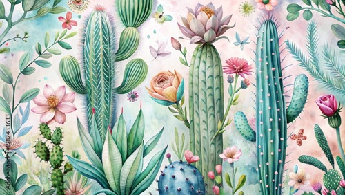 Vibrant Desert Flora A Watercolor Botanical Composition Featuring Succulents, Cacti, and Delicate Blooms in a Soft Color Palette