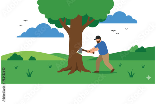 Man chopping down a large tree with an axe in a green landscape.