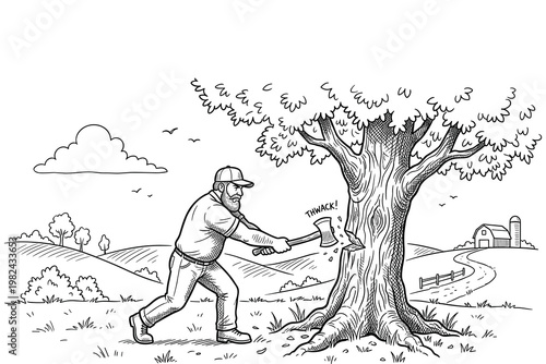 Man chopping tree trunk with axe, farm and barn in background.