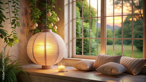 Serene Evening Glow Illuminated Window Seat with Paper Lantern and Cozy Pillows