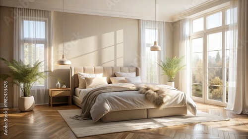 Serene Bedroom Sanctuary Sunlight Illuminates a Luxurious Bed, Plush Textiles, and Tranquil Plants in a Harmonious Interior Design
