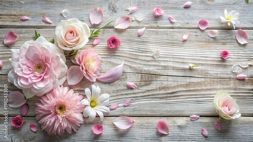 Delicate Pink and White Blossoms Arranged on Weathered Wooden Surface