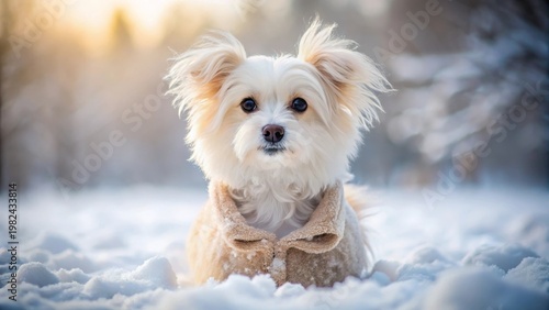 A fluffy white dog wearing a cozy winter coat sits serenely in a snow-covered landscape, bathed in the soft glow of the setting sun.