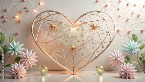 Romantic Geometrics A Golden Heart Decorated with Delicate Flowers and Sparkling Lights