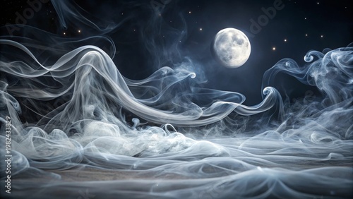 Ethereal Smoke Swirls Under a Bright Moonlit Night Sky, Creating a Mystical and Dreamlike Atmosphere