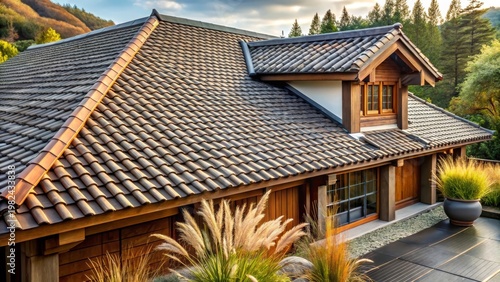 Architectural Design Featuring a Brown Tile Roof and Wooden Exterior