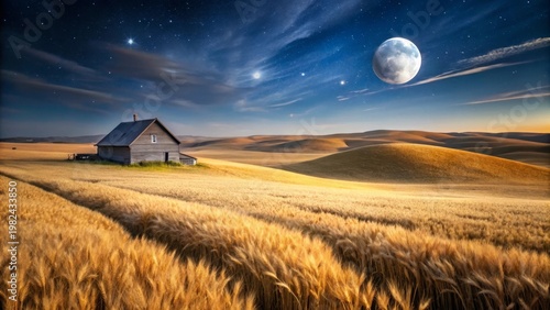 Serene Nocturnal Landscape Rustic Farmhouse in Golden Wheat Field Under a Brilliantly Illuminated Night Sky