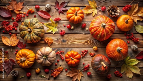 Autumnal Harvest Abundance A Rustic Wooden Table Display Featuring Pumpkins, Fall Leaves, and Berries