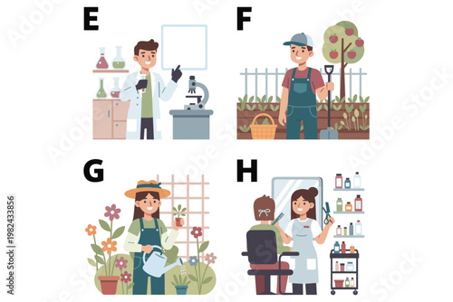 Set of professions with scientist, gardener man, gardener woman, and hairdresser.