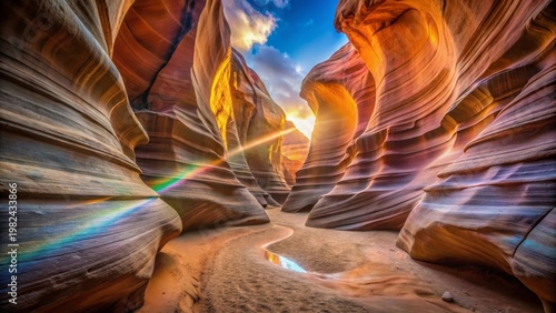 A Serene Sunset Illuminates the Intricate Curves and Layers of a Sandstone Canyon, a Magical Rainbow Appears, Reflecting in a Still Pool of Water