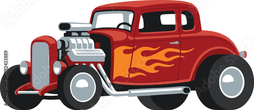 Classic red hot rod car with flame decals, showcasing a retro custom vehicle design in flat vector style.