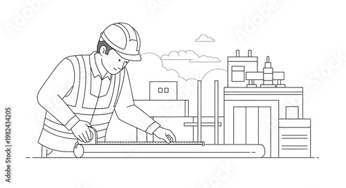 Construction worker in hard hat measuring a pipe with a tape measure at an industrial building site, black and white line art illustration for coloring book or education