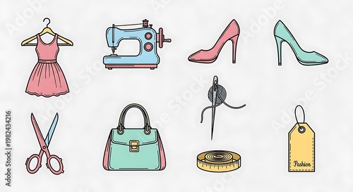 Assorted hand-drawn fashion-related items, including a dress, shoes, sewing machine, bag, scissors, and tools