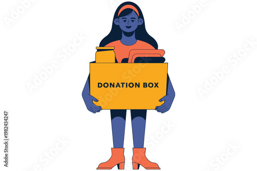 Young woman holding donation box with clothes and books for charity event.