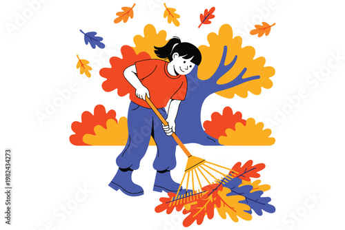 Young woman raking autumn leaves in garden near tree on a fall day.